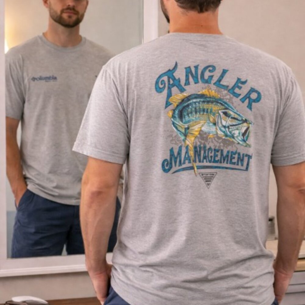 Columbia PFG Angler Management Fishing T-Shirt Mens M Gray Graphic NWT